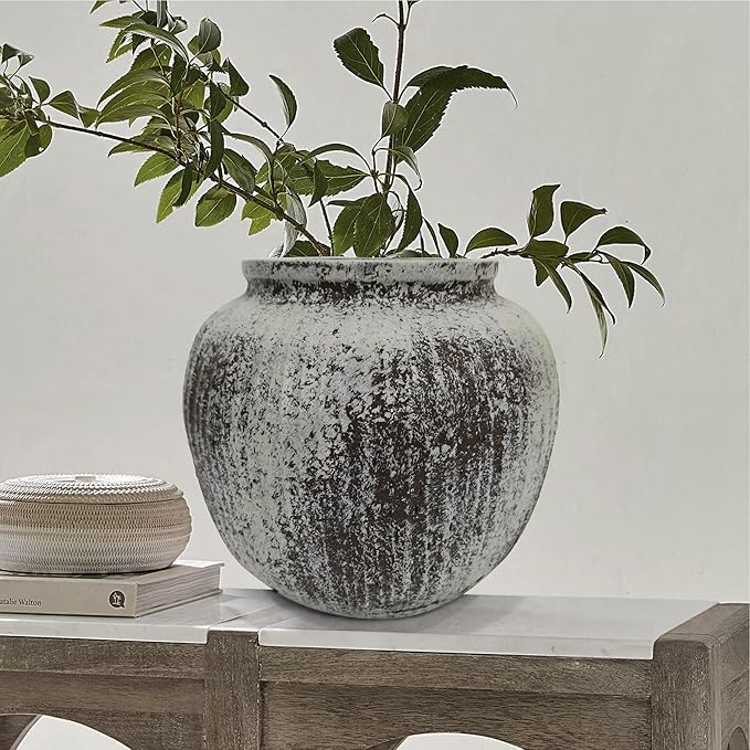 Oakrain Large Rustic Minimalist Vase, 11" Distressed Round Floor Vase for Home Decor, Farmhouse Centerpieces Planters for Living Room Indoor Outdoor Use, Gray