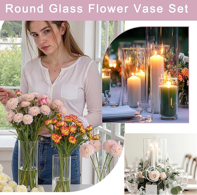 3pcs Glass Vases for Flowers, 4,6,8 Inch Tall Cylinder Vases, Bud Vase and Floating Candle Holder Vase for Wedding & Holiday Centerpieces for Tables, Home Decor, Housewarming Gift