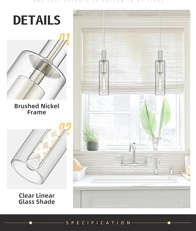 AUTELO 2 Pack Pendant Lights Kitchen Island, Brushed Nickel Hanging Lamp, Modern Cylinder Glass Pendant Lights, Hanging Light for Kitchen Island Dining Room Bathroom, H3875 ST-2PK