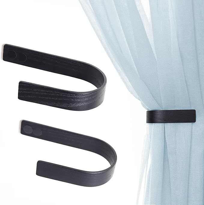 Wood Curtain Holdbacks - Set of 2 Black Modern Farmhouse Holdback for Drapes, Hooks for Walls, Curtains Tiebacks Wall Mount, Wooden Curtain Pullbacks Hook, Drapery Holders, Home Decor