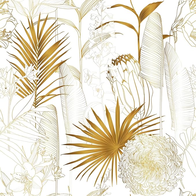 Gold/White Chrysanthemum Floral Peel and Stick Wallpaper - Tropical Palm Leaf Vintage Floral Contact Paper - Removable Wallpaper Vinyl Self Adhesive for Living Room Bedroom Shelf - 118.1"x17.71"