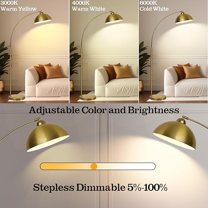 Arc Floor Lamp with Remote Control and Adjustable Light Bulb——Arched Tall Lamp for Living Room, Bedroom and Reading,Ideal Choice for Home Decor(Gold)