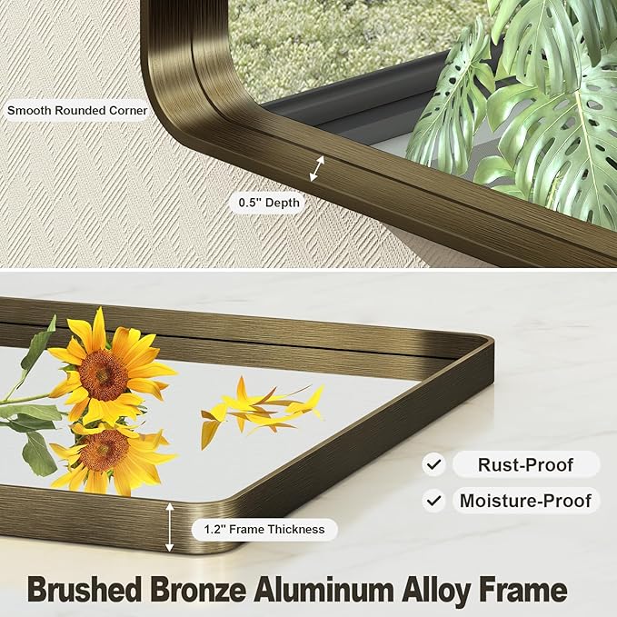 24x32 Inch Bronze Framed Bathroom Mirror, Brushed Bronze Metal Vanity Mirror, Bronze Rectangle Wall Mirror, Rounded Corner, Tempered Glass, Anti-Rust, Shatterproof (Horizontal/Vertical)