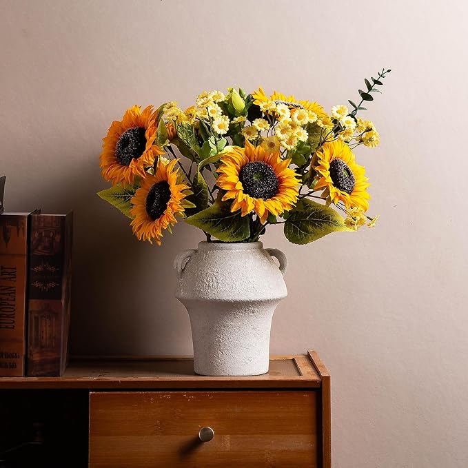 Ceramic Rustic Vase, 7 Inch Vintage Terracotta Flower Vases for Home Decor, Decorative Farmhouse Vase with hadle for Home Decor, Living Room, Shelf Decor, Farmhouse, Table, Lyeec