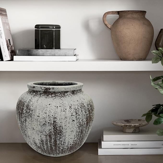 Oakrain Large Rustic Minimalist Vase, 11" Distressed Round Floor Vase for Home Decor, Farmhouse Centerpieces Planters for Living Room Indoor Outdoor Use, Gray