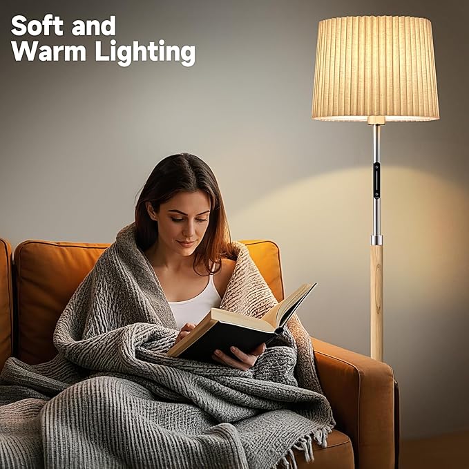 Floor Lamps for Living Room, 61" Natural Wood Floor Lamp with Remote & Touch Control, Stepless Dimmable, Modern Farmhouse Standing Lamp with Double-Layer Pleated Lampshade for Bedroom Office