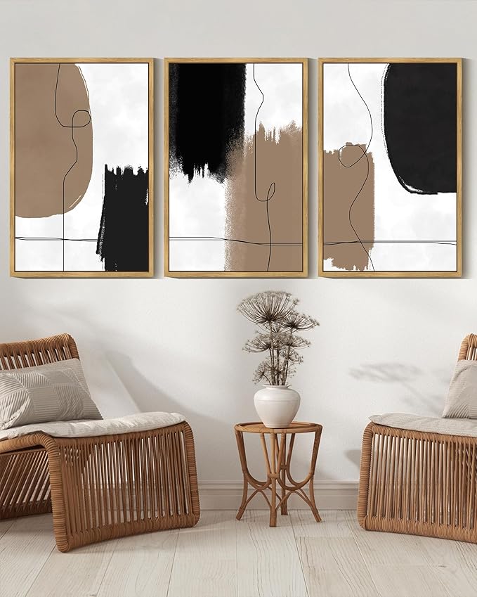 KUVIOKE Neutral Abstract Framed Wall Art Beige Mid Century Textured Wall Decor Minimalist Line Modern Illustrations Art Print Home Decor 16x24in (Natural Framed)