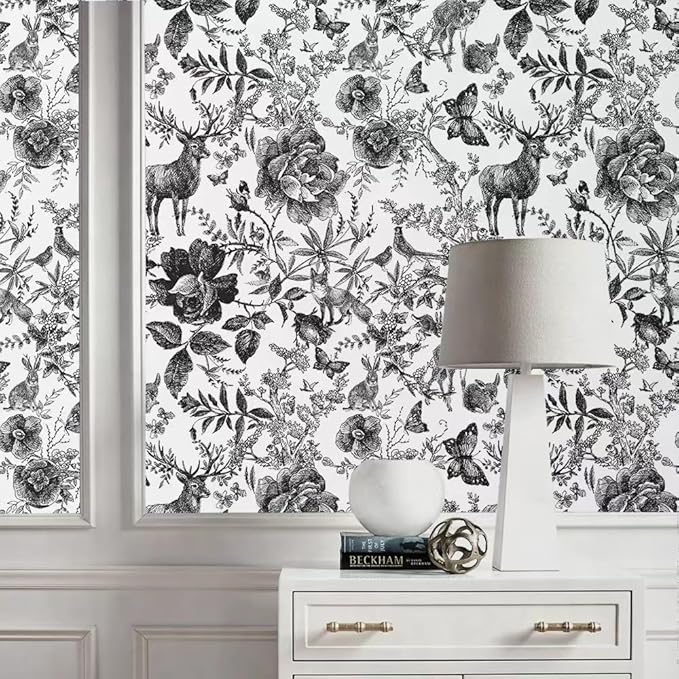 Black and White Peel and Stick Wallpaper Removable Floral Wallpaper Wild Animal and Floral Contact Paper Self-Adhesive Wall Paper Furniture Wall Shelf Drawer Liner Countertop 236.2"X17.71"