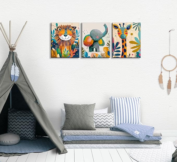 3Pcs Safari Animal Nursery Canvas Wall Art Cute Watercolor Elephant Giraffe Lion Pictures Wall Decor Colorful Jungle Animals Posters Painting Prints for Kids Room Baby Boys and Girls Room, Framed