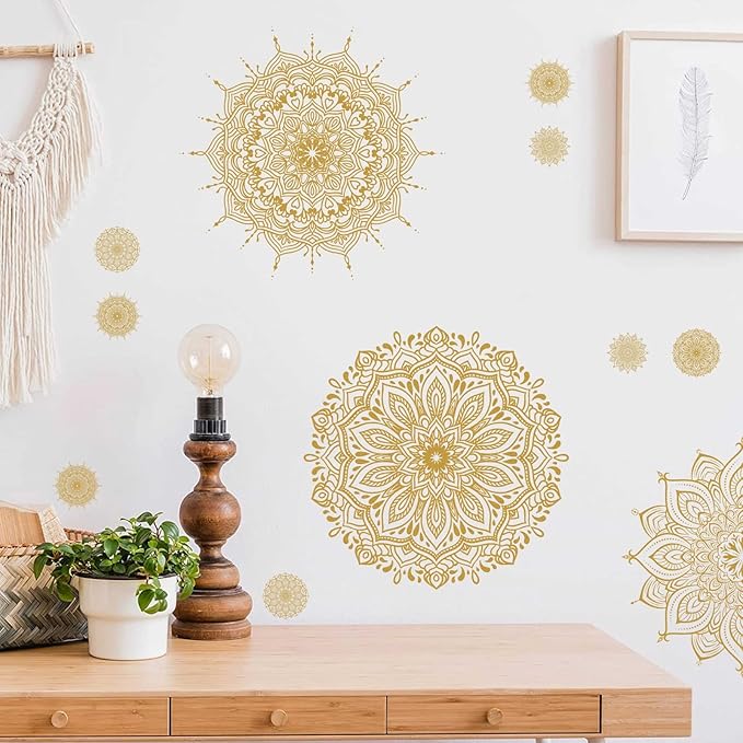 Kazova Mandala Wall Art Decals Gold Mandala Wall Decal Mandala Window Stickers Lotus Flower Decals Peel and Stick Removable Mandala Floral Stickers for Bedroom Living Room Headboard Decor