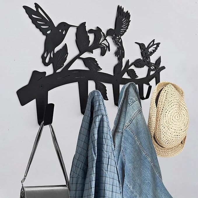 Metal Hummingbird Coat Hooks Wall Art Decor-Hummingbird Hangers and Key Holder-Animal Theme Hooks Sweet Home Decor for Storage, Living Room, Hallway, Office (Black)