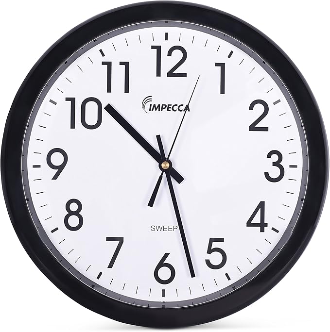 Impecca WCW12M1 12'' Non Ticking Sweep Movement Wall Clock, Black