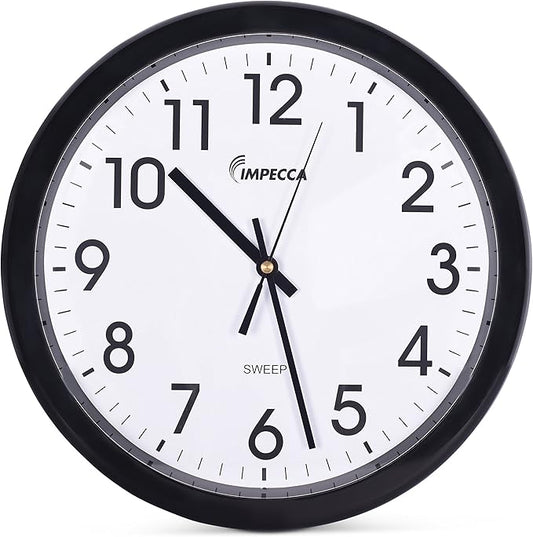 Impecca WCW12M1 12'' Non Ticking Sweep Movement Wall Clock, Black