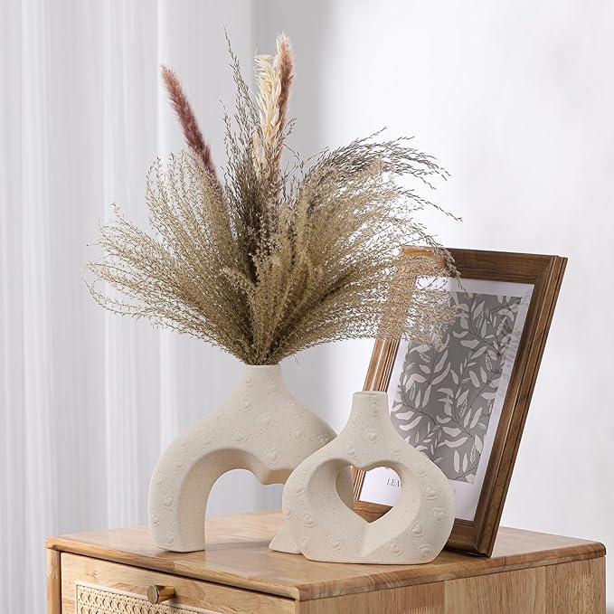White Ceramic Vases Set of 2, Modern Boho Minimalist Decorative Flower Vase for Living Room, Bedroom, Coffee Table, Office, Centerpiece Gift for Women & Moms