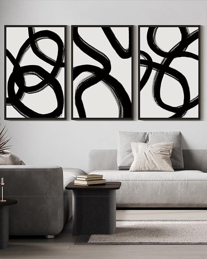 KUVIOKE Black and Wahite Abstract Framed Wall Art Ink Wash Minimalist Lines Painting Artwork for Bedroom Hallway 16x24in (Black Framed)