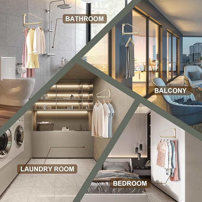 Folding Wall Mounted Clothes Hanger Rack Clothes Hook Solid Brass with Swing Arm Holder Clothing Hanging System Closet Storage Organizer Heavy Duty Drying Rack Wall Mount,Brushed Gold