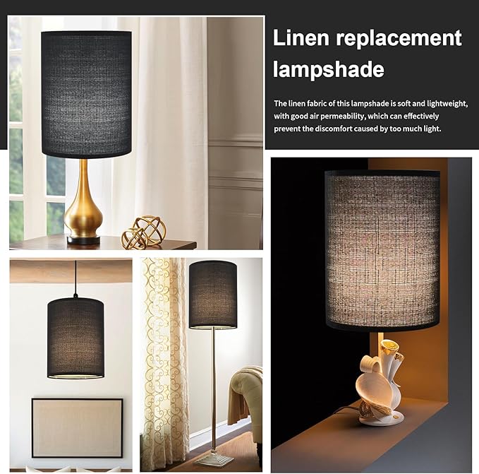 Black Linen Tall Drum Lampshade, 10" Top x 10" Bottom x 13" High Lamp Shade, Lamp Shade Replacement for Table and Floor Lamps, Pendant Light, Handcrafted Lampshade, Easy Assembly