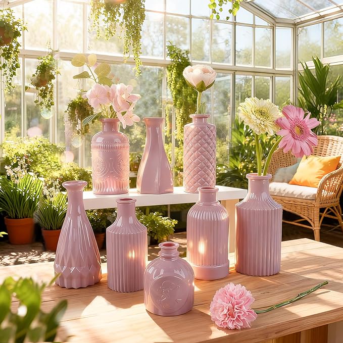 Blush Pink Glass Bud Vase Set of 12 – Mini Vintage Vases for Flowers, Centerpieces, Wedding & Home Décor