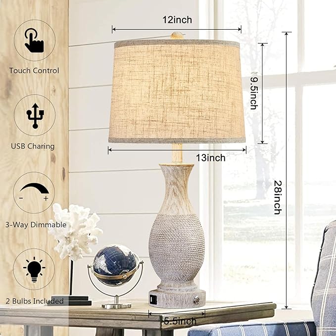 28" Farmhouse Table Lamp for Living Room, Rustic Touch Bedside Table Lamps Set of 2 with USB Charging Ports,3-Way Dimmable Nightstand Lamps for Bedroom,Oatmeal Linen Lampshade,LED Bulbs Included