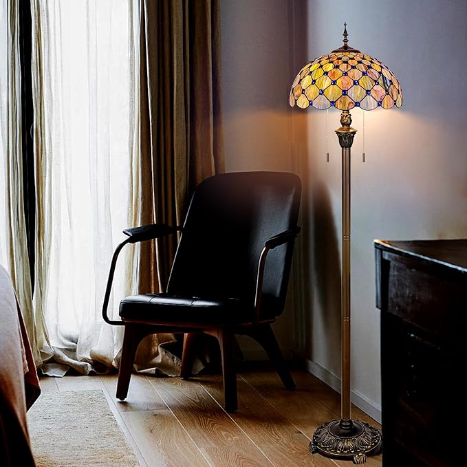 Tiffany Floor Lamp Stained Glass Pearls Beads Standing Reading Light 16x16x64 Inch Retro Inspired Pole Corner Lighting Art Decor for Bedroom Living Room Home Office (Gradient Green)