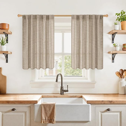 YoungsTex 36 Inch Length Linen Farmhouse Kitchen Window Curtains, Short Cafe Drapes with Rod Pocket Back Tab Burlap Light Filtering for Bathroom Window, Dark Oatmeal, 2 Panels, 42 X 36 Inch