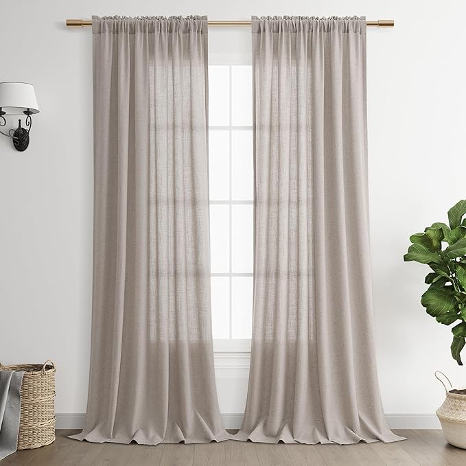 Brown Grey Linen Curtains 108 Inches Long 2 Panel Set Rod Pocket Semi Sheer Dining Room Cozy Bedroom Decor Cotton Look Country Rustic Farmhouse Boho Curtains 52x108