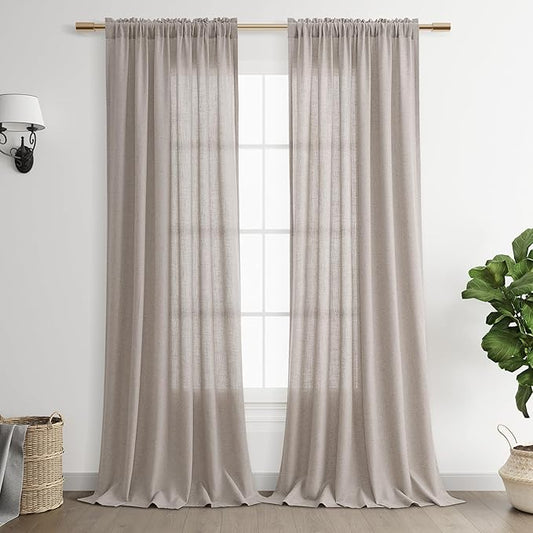 Brown Grey Linen Curtains 108 Inches Long 2 Panel Set Rod Pocket Semi Sheer Dining Room Cozy Bedroom Decor Cotton Look Country Rustic Farmhouse Boho Curtains 52x108