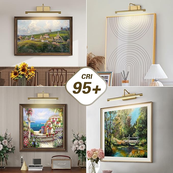 Joosenhouse Battery Operated Picture Light Wireless Gallery Lights 5000mAh Rechargeable Wall Light with Remote Control Dimmable and Timer Off 15Inch Brass Color