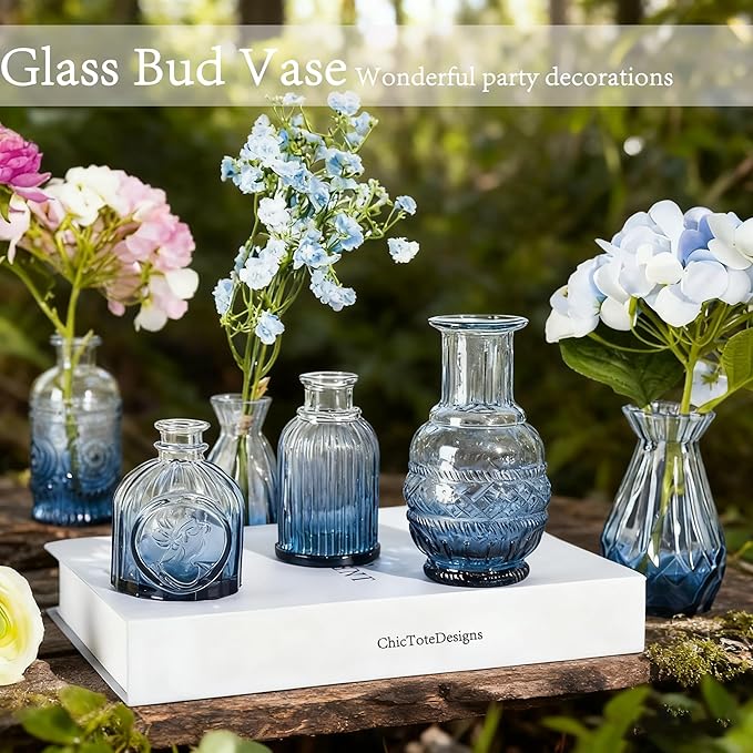 Glass Bud Vase Set of 12 Pcs, Small Glass Vases for Flowers, Vintage Vases for Centerpieces, Small Flower Design for Centerpieces Wedding Decorations Home Flower Party Decor (Blue, 12 Pcs)