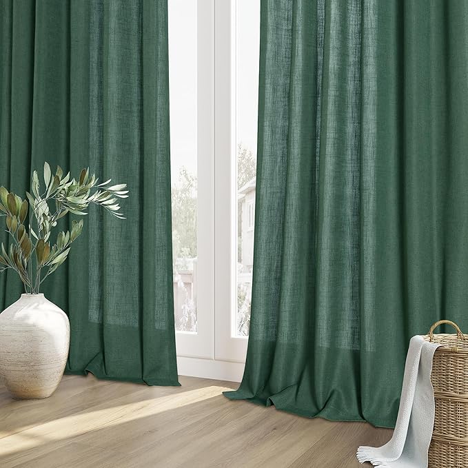 Guken Green Linen Curtains 96 Inch Length for Living Room Bedroom 2 Panels Set Rod Pocket Light Filtering Semi Sheer Window Curtains 52 Inch Width Boho Farmhouse Linen Drapes, W52xL96