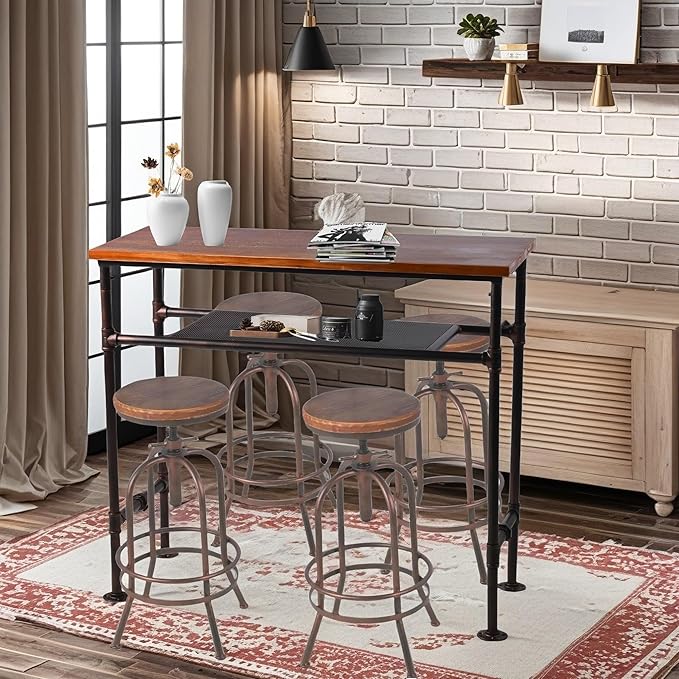 Industrial Rectangle Bar Table for 4-5 People 41.3inch Height Rustic Pipe Design Dining Table Office Meeting Computer Desk Narrow Display Stand in Hallway with 2 Tier Storage
