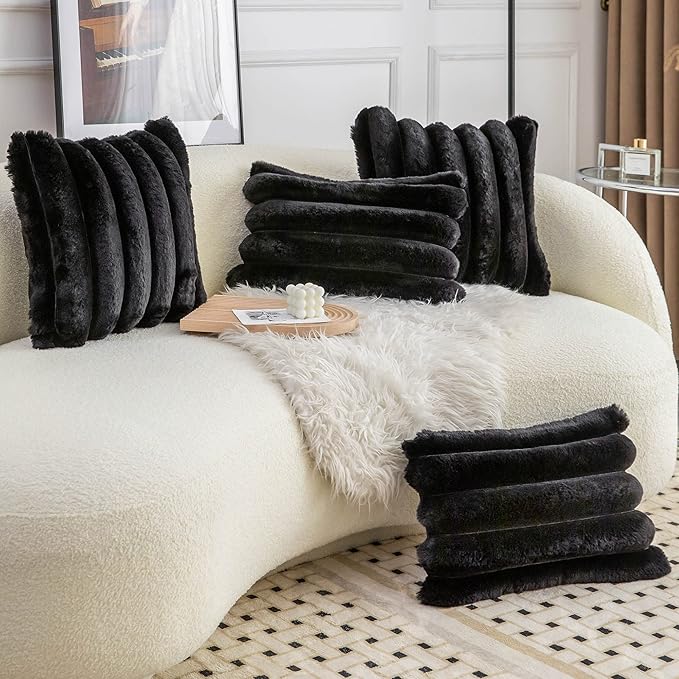 Neelvin Black Faux Fur Cozy Soft Striped Decorative Throw Pillow Covers 20x20 inch Set of 2,Velvet Pillowcase Cushion Case for Sofa Couch