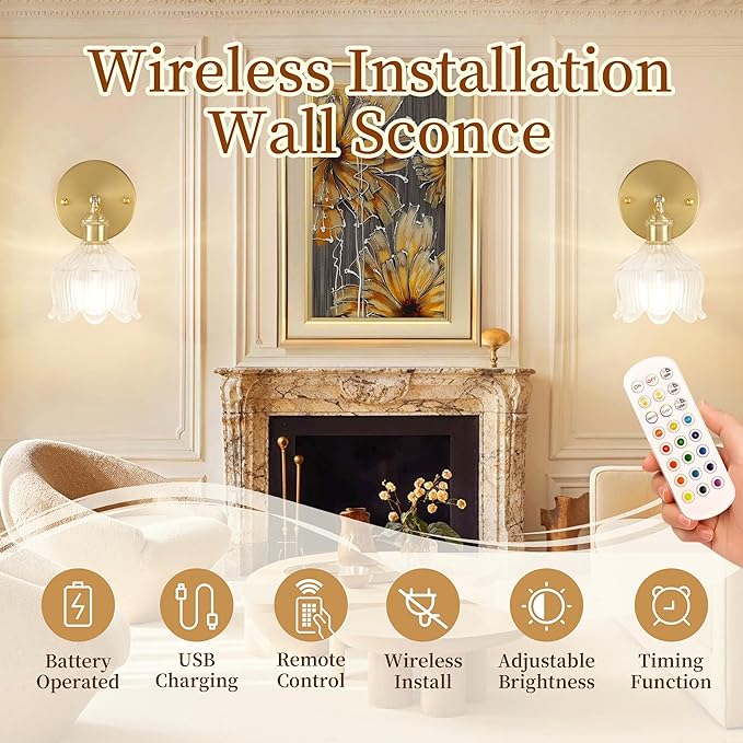 Vintage Battery Operated Wall Sconce with Flower lampshade,Rechargeable Battery Powered Wall Lights,Wall lamp With 15 Colors for Bedroom Living Room Home Decor (Flower White, 2 Light Battery Operated)