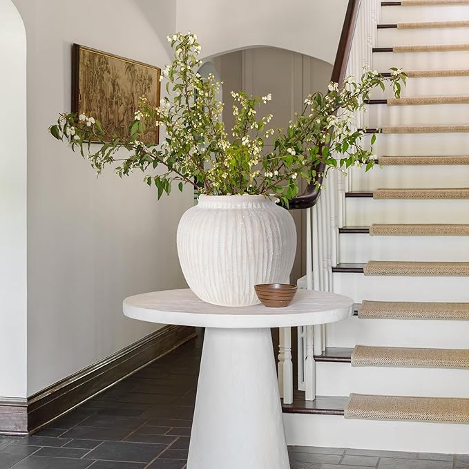 Oakrain Large Rustic Minimalist Vase, 11" Distressed Round Floor Vase for Home Decor, Farmhouse Decorative Centerpieces for Living Room Bedroom, Vintage White