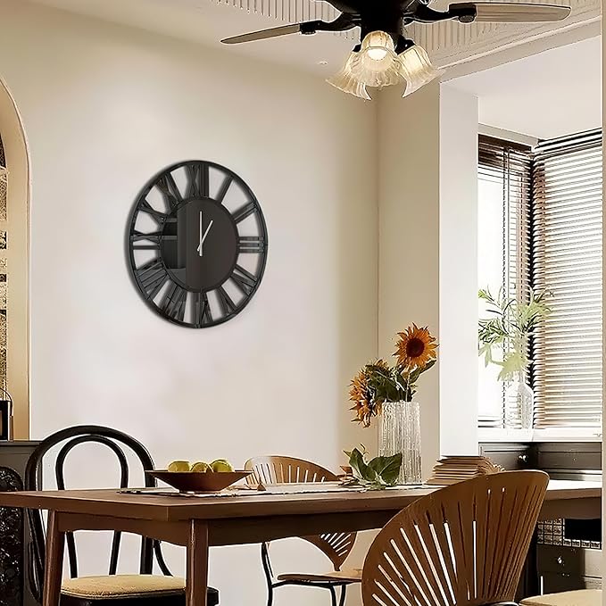 SHYFOY 24" Large Black Mirror Wall Clock - Modern Roman Numeral Decorative Wall Clock for Living Room, Bedroom, Office - Silent Non-Ticking, Easy to Hang