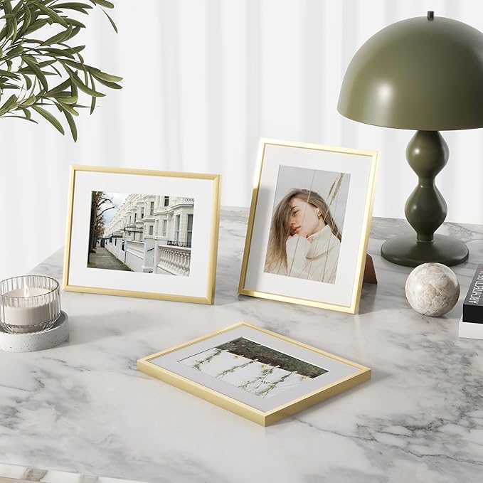 8x10 inch Metal Picture Frame - 8 x 10 Thin Aluminum Photo Frames with 5x7 Removable Mat - High Definition Plexiglass - Ideal for Wall or Tabletop Display - Wall Hook Hanging Hardware Included - Gold, Set of 1