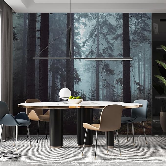Zeeko Forest Wall Mural Woodland Wallpaper Mural 148" Wx 98" H Foggy Large Peel and Stick Mural Paint Canvas Removable Art Murals for TV Background Bedroom Office, Dark Blue