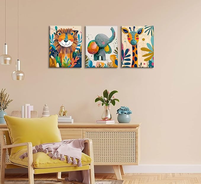 3Pcs Safari Animal Nursery Canvas Wall Art Cute Watercolor Elephant Giraffe Lion Pictures Wall Decor Colorful Jungle Animals Posters Painting Prints for Kids Room Baby Boys and Girls Room, Framed