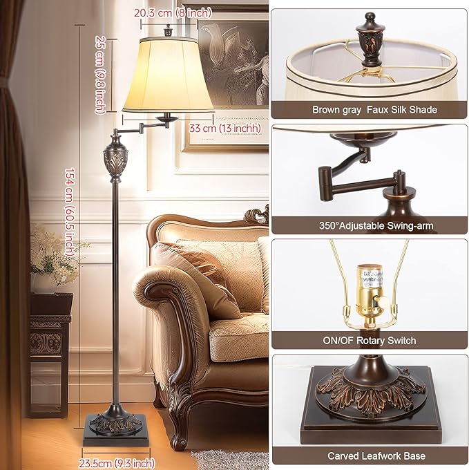 Traditional LED Floor Lamp with 350° Adjustable Swing Arm Lamp – Vintage Standing Pole lamp for Living Room, Bedroom and Office – Rustic Upright Floor Light for Home Décor with Faux Silk Fabric Shade