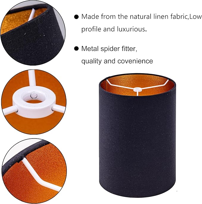 Wellmet BlackGold 6"x 6"x10" Lampshade, No Assembly Required, Classic Modern Lamp Shade for Table Lamp, Bedside Lamp, Floor Lamp, Fabric Drum Lampshade, Spider Fitter