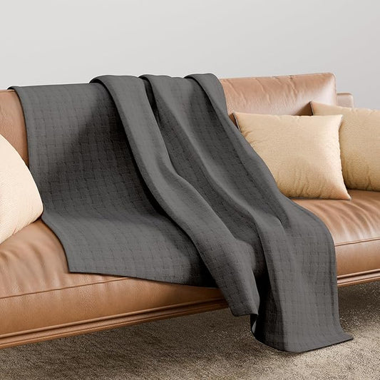 Full/Queen (90"x90") Dark Gray 100% Cotton – Soft, Breathable, Anti-Odor, Warm & Cozy Bed Blanket for All Seasons, Basket Weave, Luxury Bedding