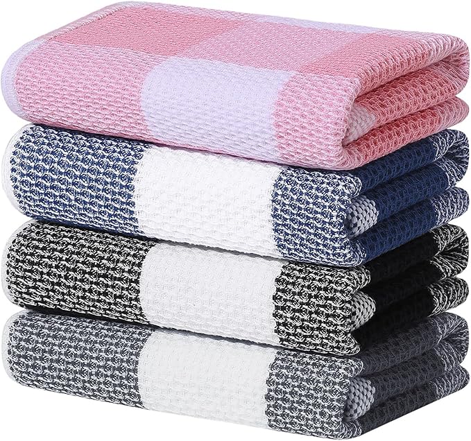 Homaxy 100% Cotton Waffle Weave Check Plaid Kitchen Towels, 13 x 28 Inches, Super Soft and Absorbent Dish Towels for Drying Dishes, 4-Pack, Multicolor