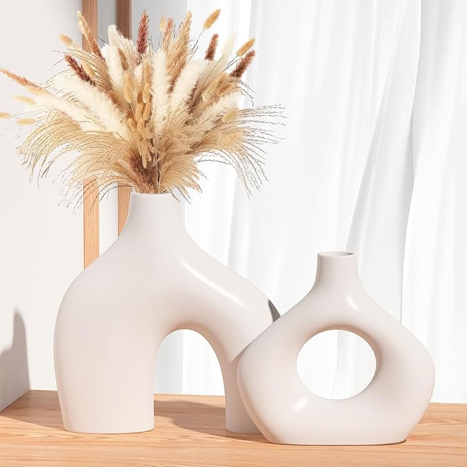 White Ceramic Vase Set of 2, Pampas Grass Vases for Home Decor, Hollow Round Boho Vases for Flowers, Nordic Minimalism Style vase for Living Room Bedroom Shelf Decor