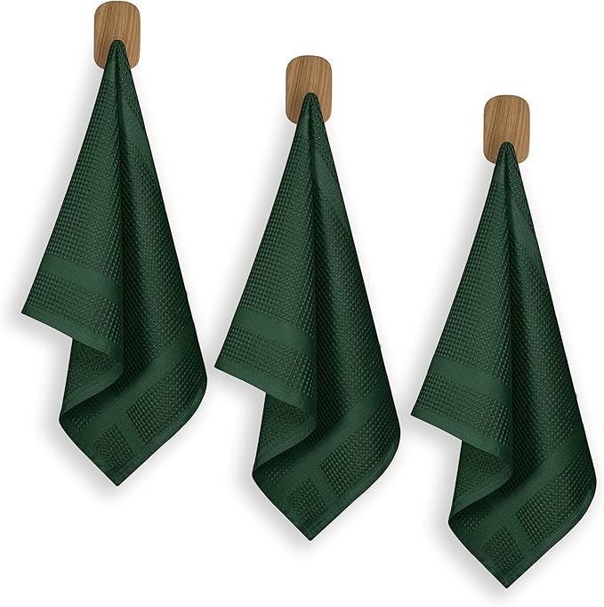 3 Pack Waffle Weave Kitchen Towels, 16x26 Inch, 100% Cotton, Absorbent Dishcloth Set, Quick Dry, Soft for Cleaning, Wiping, Hand Towels, Dish Rags, Wash Cloth, Durable, Forest Green