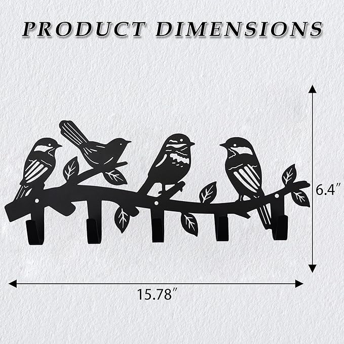 Metal Bird Coat Hooks Wall Art Decor-Bird Hangers and Key Holder-Animal Theme Hooks Sweet Home Decor for Storage, Living Room, Hallway, Office (Black)