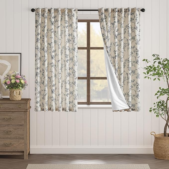 Lazzzy Lined Linen Farmhouse Black Floral Curtains 63 Inch Length Back Tab Drapes for Living Room Bedroom Light Filtering Country Vintage Rod Pocket, 2 Panels, Black on Beige
