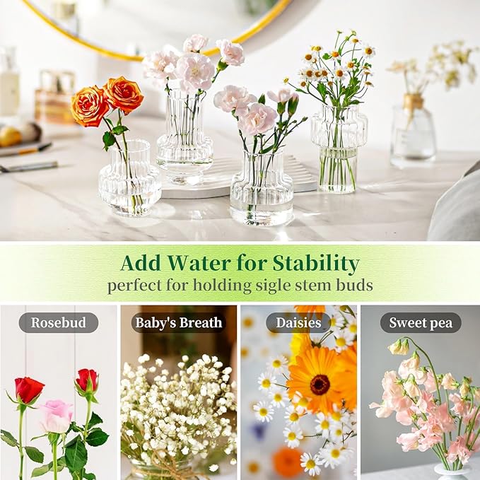 Hewory Ribbed Bud Vases for Centerpieces: Set of 4 Small Clear Glass Vase for Bridal Baby Shower Home Decor - Modern Table Decoration for Wedding & Event Planners