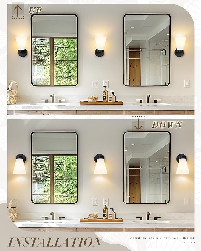 Bathroom Wall Sconce Set of Two, HWH Wall Vanity Light with Frosted White Striped Shade, Industrial Wall Lamp Matte Black for Bathroom Doorway, 5HZG97B-2PK BK