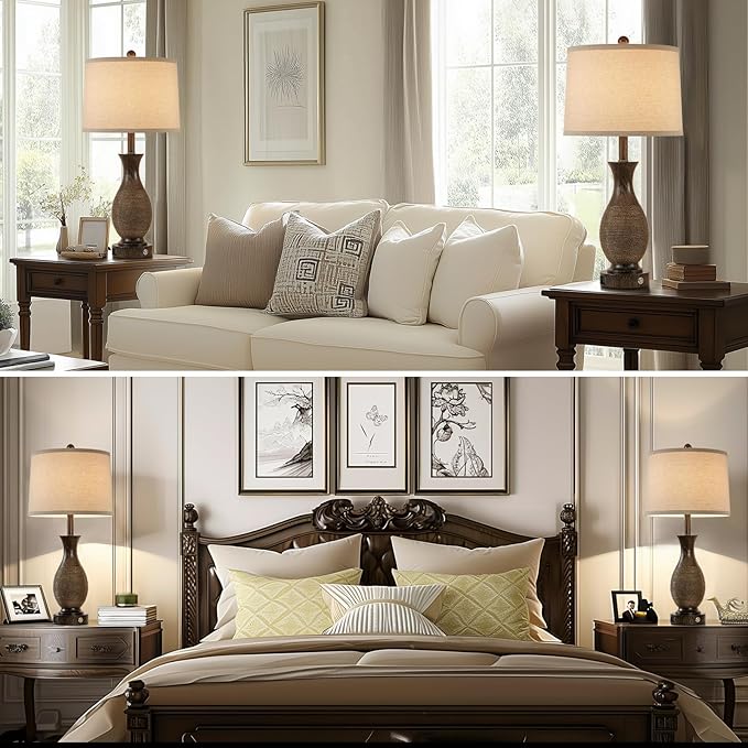 28" Rustic Farmhouse Lamps for Living Room Set of 2 Bedside Table Lamps for Bedroom Nightstand with USB A+C Charging Ports, 3-Way Dimmable Touch Lamp, Brown, Linen Lampshade, LED Bulbs Included