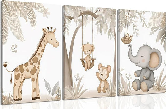 3Pcs Woodland Animal Nursery Canvas Wall Art Neutral Safari Animal Jungle Paintings Pictures Wall Decor Giraff Monkey Elephants Watercolor Poster Printing Artwork for kids room Home Decoration